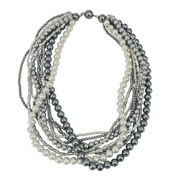Multi Strand Beaded Faux Pearl Choker Necklace Gray White 16" - Picture 1 of 5